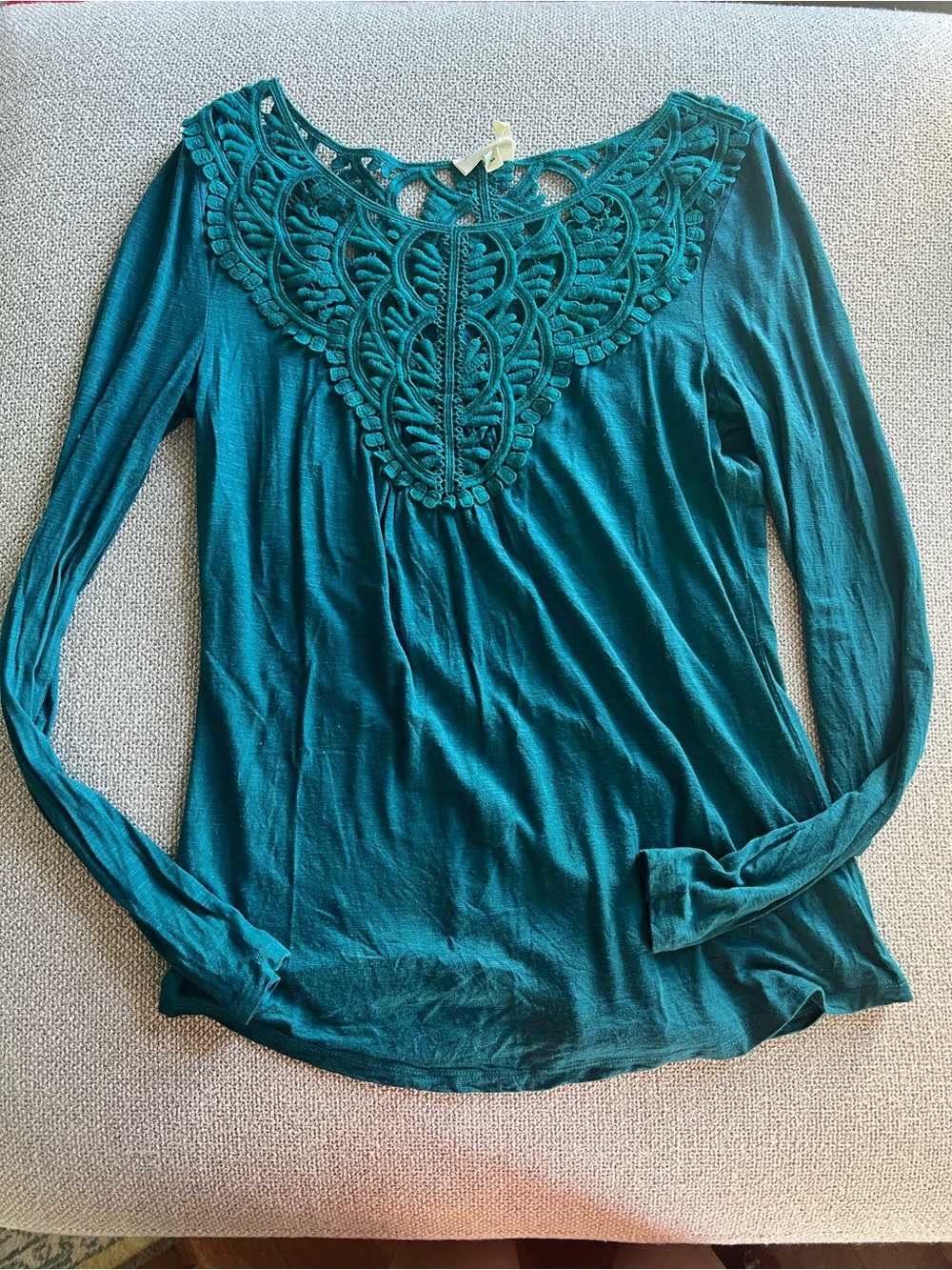 Anthropologie Meadow Rue Teal Long-Sleeve Top with Crochet Yoke XS